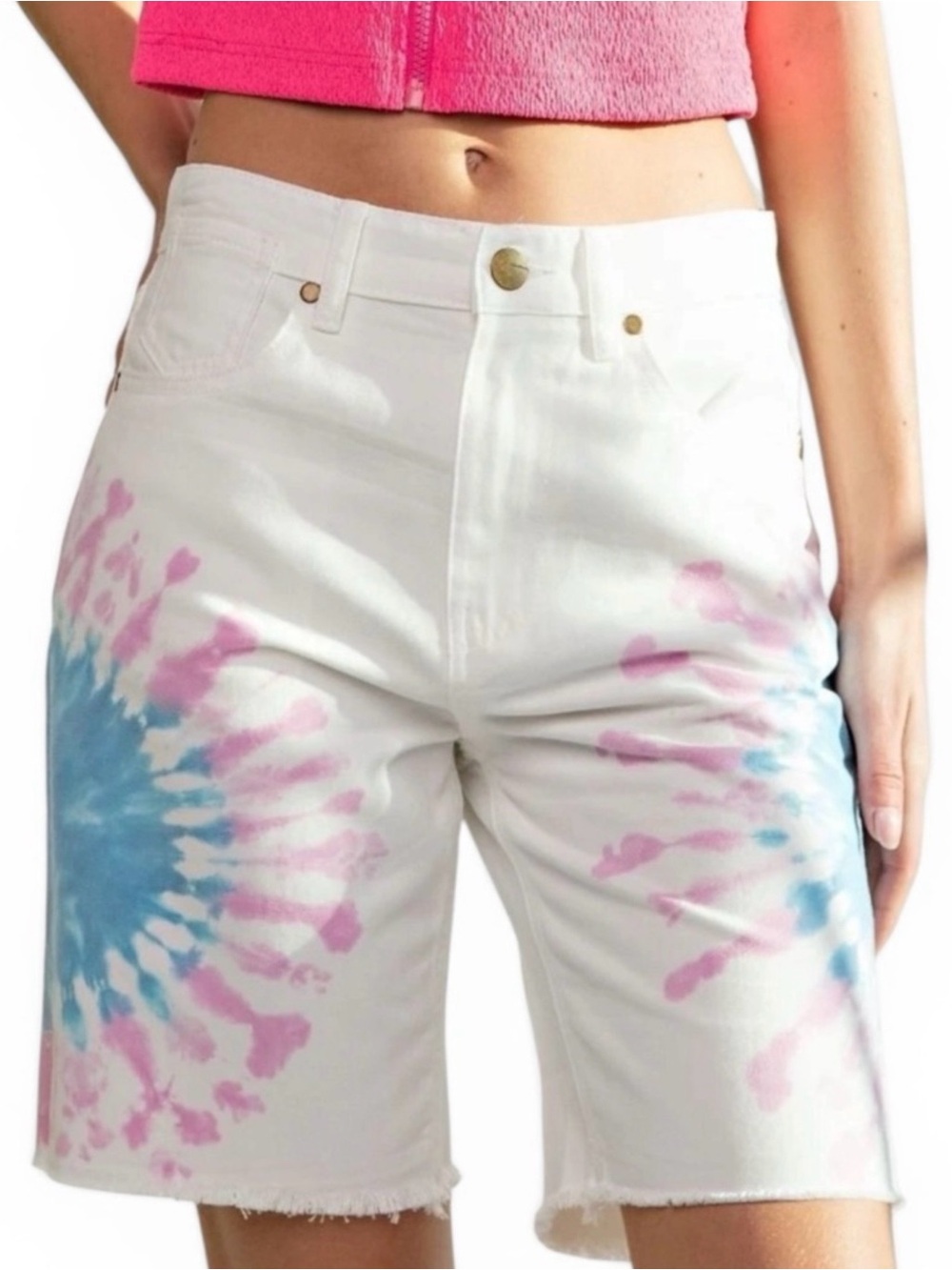 High-Rise White Tie-Dye Denim Shorts with Pink & Blue Accents